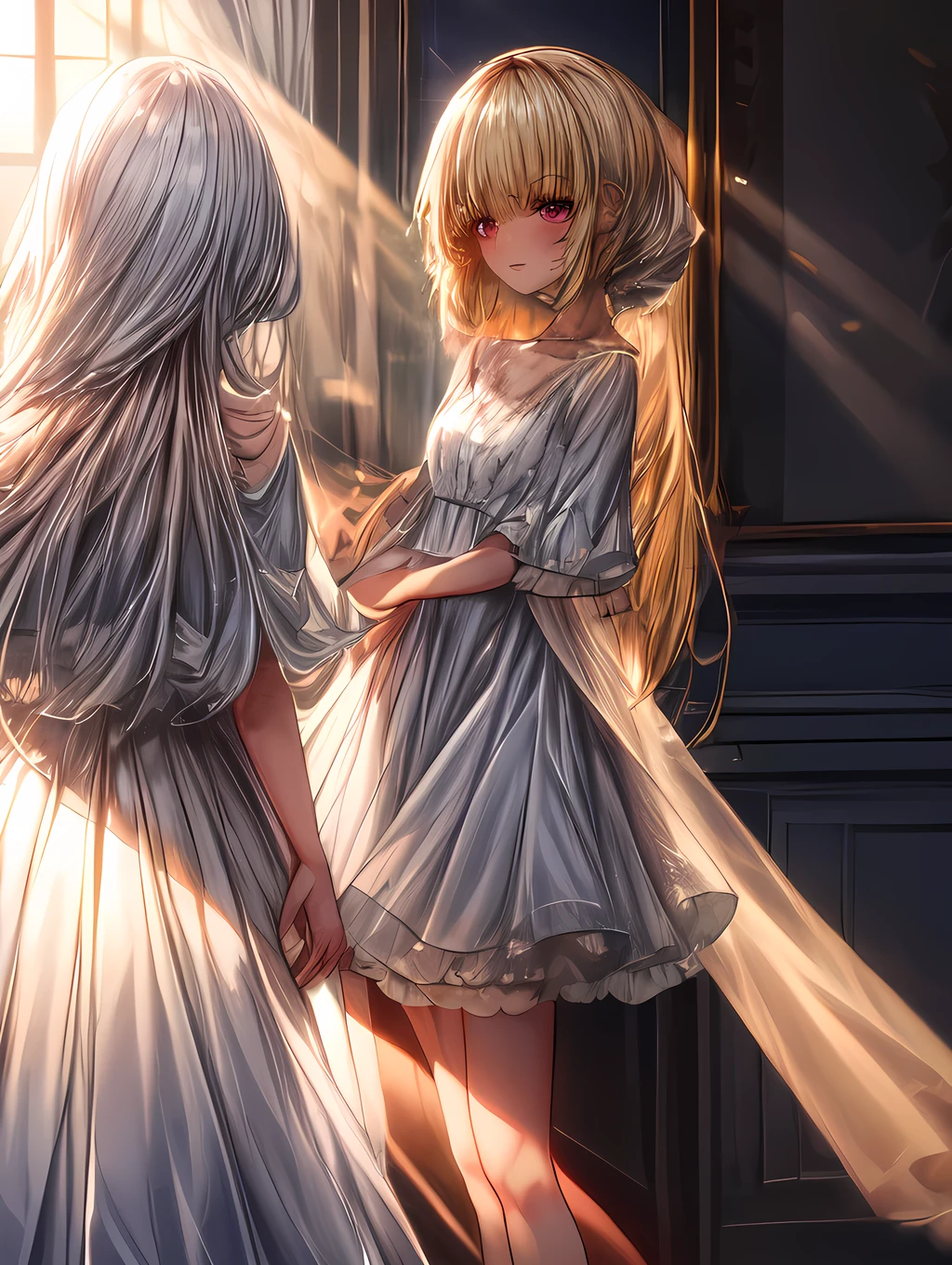 A young woman wearing a suit standing in front of a mirror in a girl's room on a spring morning. The sunlight softly illuminates the room and highlights the woman's.