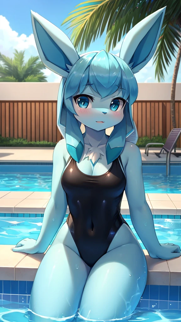 Glaceon,furry,you are cute,Chest 82,Waist 56,Thigh 83,very good,Good resolution,go to swimming pool,Wear a black one-piece swimsuit.,Good light and shadow details,shade,sexy body,sexual face