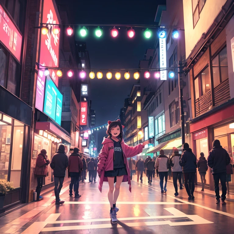 masterpiece、highest quality、High resolution、Very detailed、Medium wide shot、Girl、hoodie、Colorful clothes、laughing、In town、Street Dance、Vibrant、Spectators、