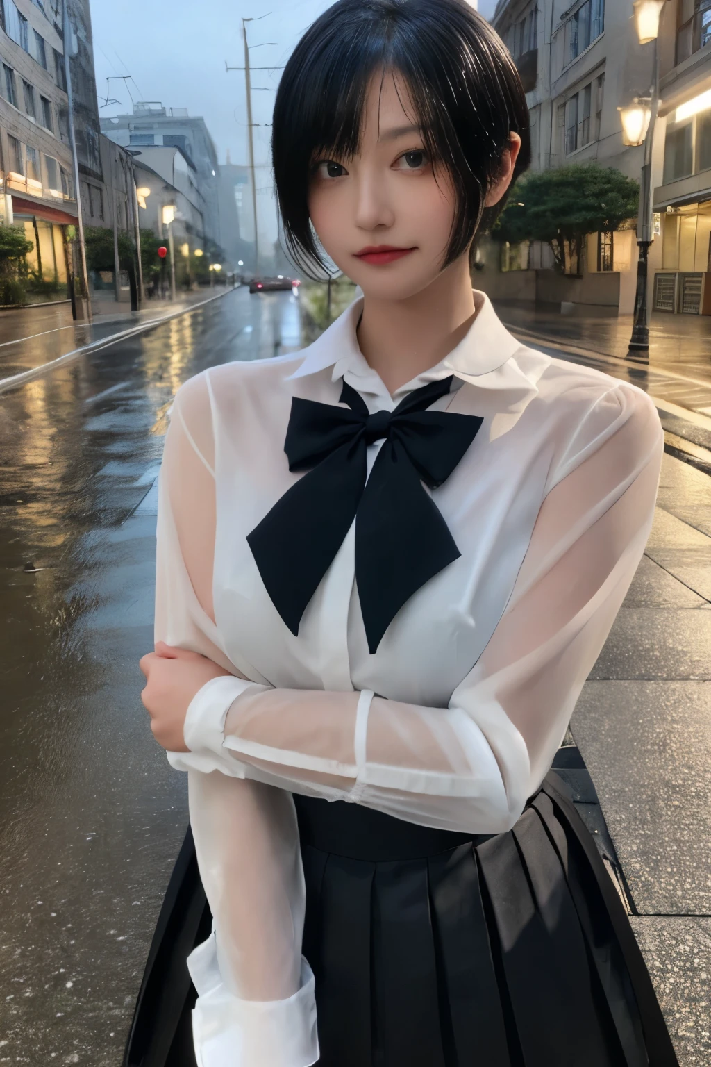 Masterpiece、highest quality、Woman 1、Long-limbed woman、Photo realistic、Super detailed、Gravure idol Black Hair、short hair、Straight Hair、Hair gets wet White Shirt、Pleated skirt、Long skirt、see through、No sleeve Large Breasts、Sideide boob】 Gravure pose Rainy city、Flooded city、Right in the middle of the city