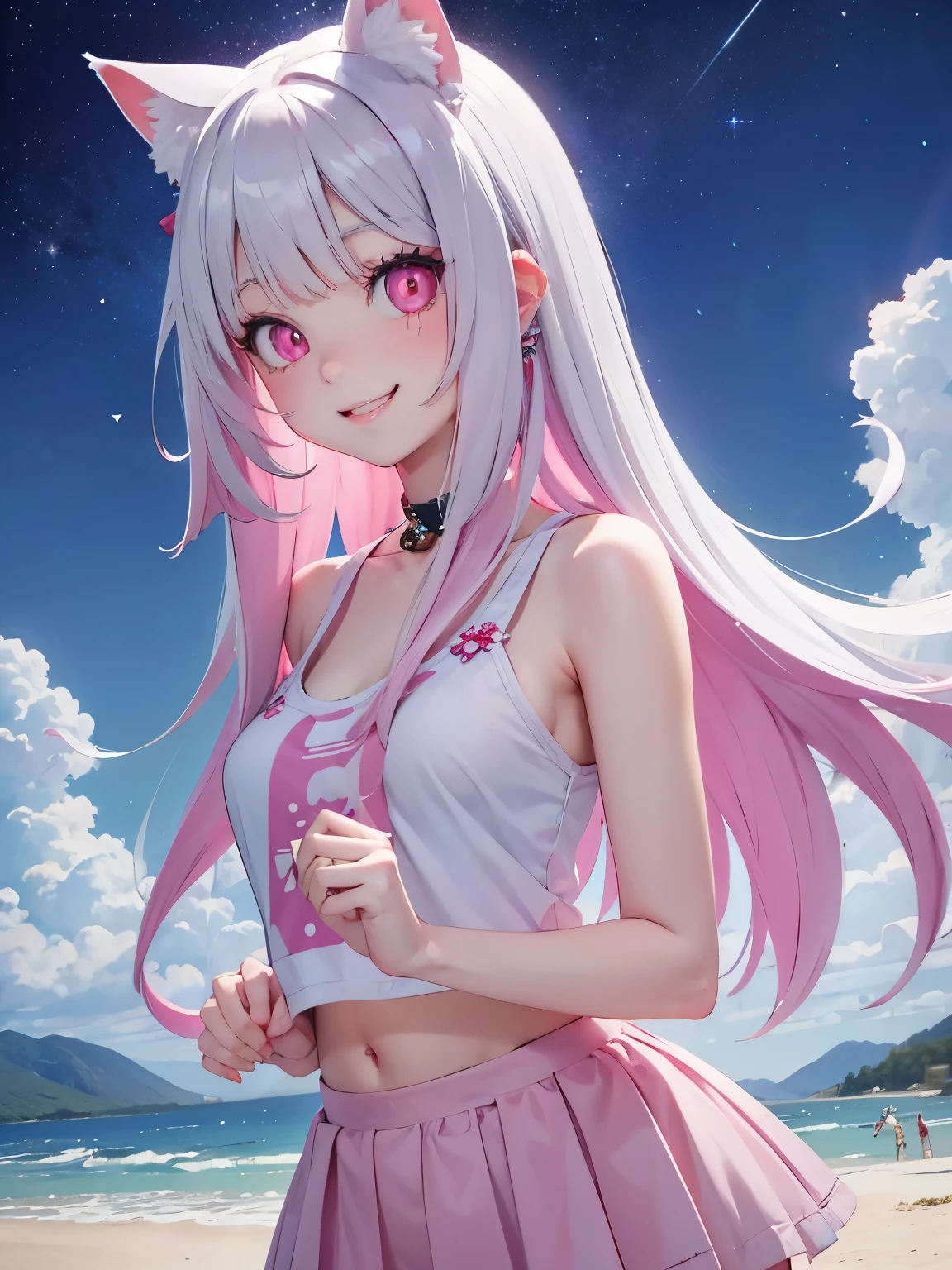 White hair. Long hair. Inner pink hair. Anime girl. Pink eyes. Glowing eyes. Nekomimi. Smile. Tanktop. Mountain.