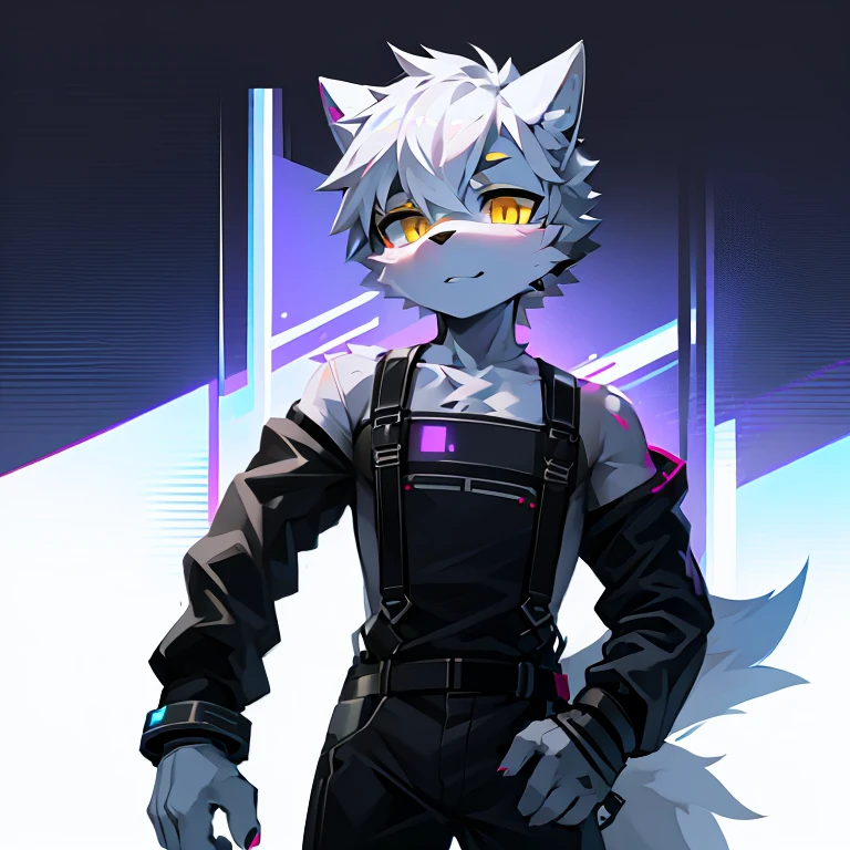 cyber punk perssonage，epcot，Tech style，solo person，White body，White ears，White hair，Overall white，Orange-yellow eyes，Wolf tail，Wolf orcs，Young，Wear a short-sleeved shirt，Ultra-clear screen，Soft lines