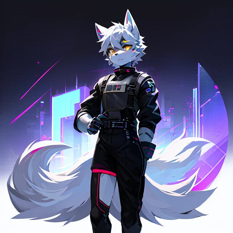 cyber punk perssonage，epcot，Tech style，solo person，White body，White ears，White hair，Overall white，Orange-yellow eyes，Wolf tail，Wolf orcs，Young，Wear a short-sleeved shirt，Ultra-clear screen，Soft lines