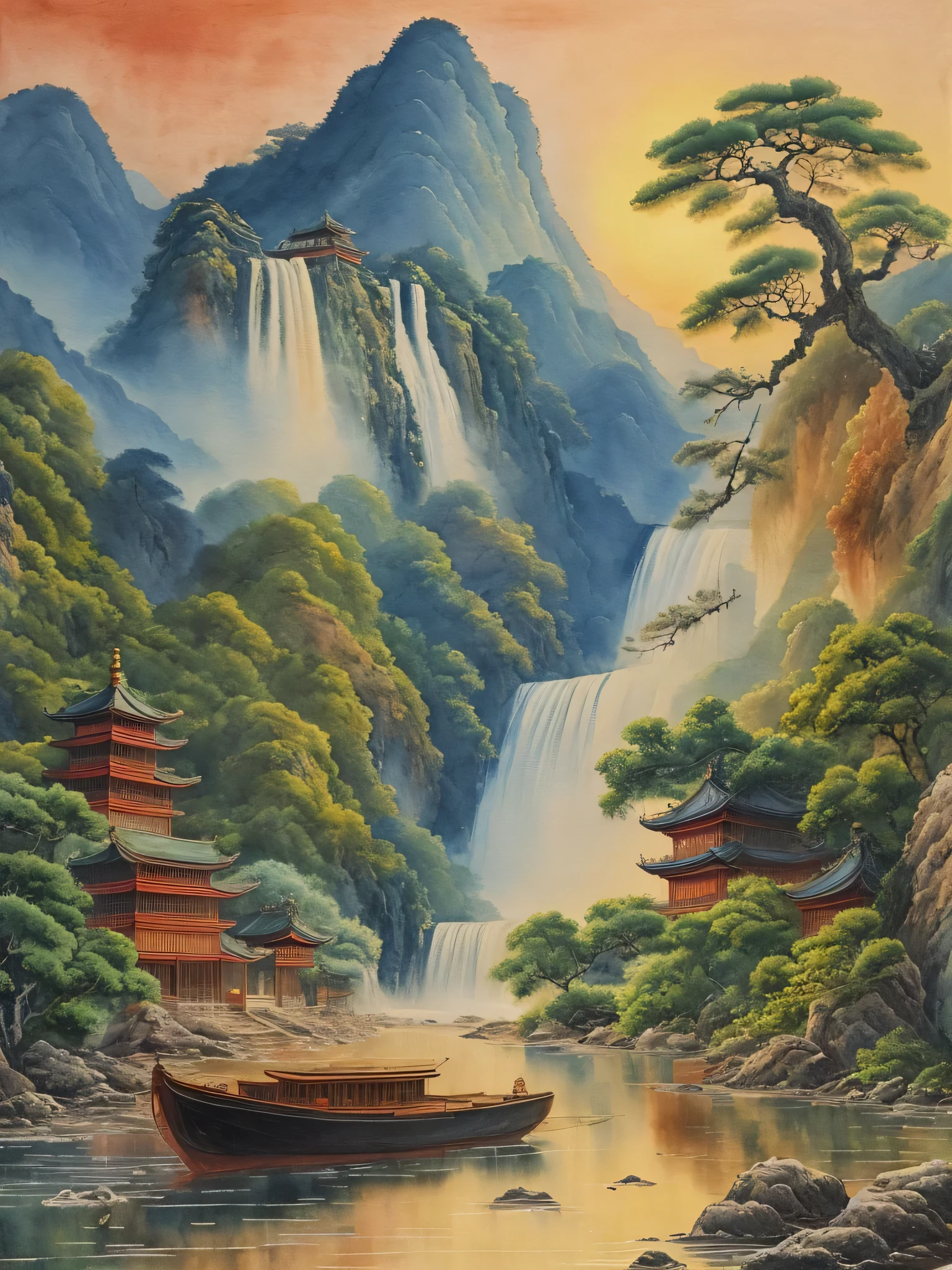 A painting of a waterfall, a boat in a river, and a sunset, Chinese style景, Chinese watercolor style, Oriental Scene, Detailed landscape Chinese watercolor painting, Oriental Wallpaper, Landscape Artwork, Chinese style, Japanese Landscape,Oriental Fantasy,32k