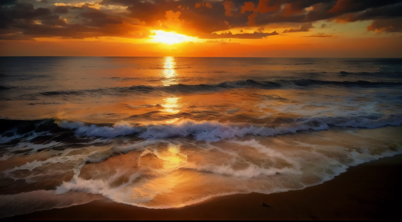 Absolutely mesmerizing sunset on the beach, with a blend of oranges, pink color, The sky is full. The crystal clear waters of the sea gently kiss the coast, White sandy beaches stretch endlessly. The scene is full of dynamics，Breathtaking, Seagulls soar in the sky，Palm trees swaying gently. Feel the calm atmosphere，Let peace envelop you.