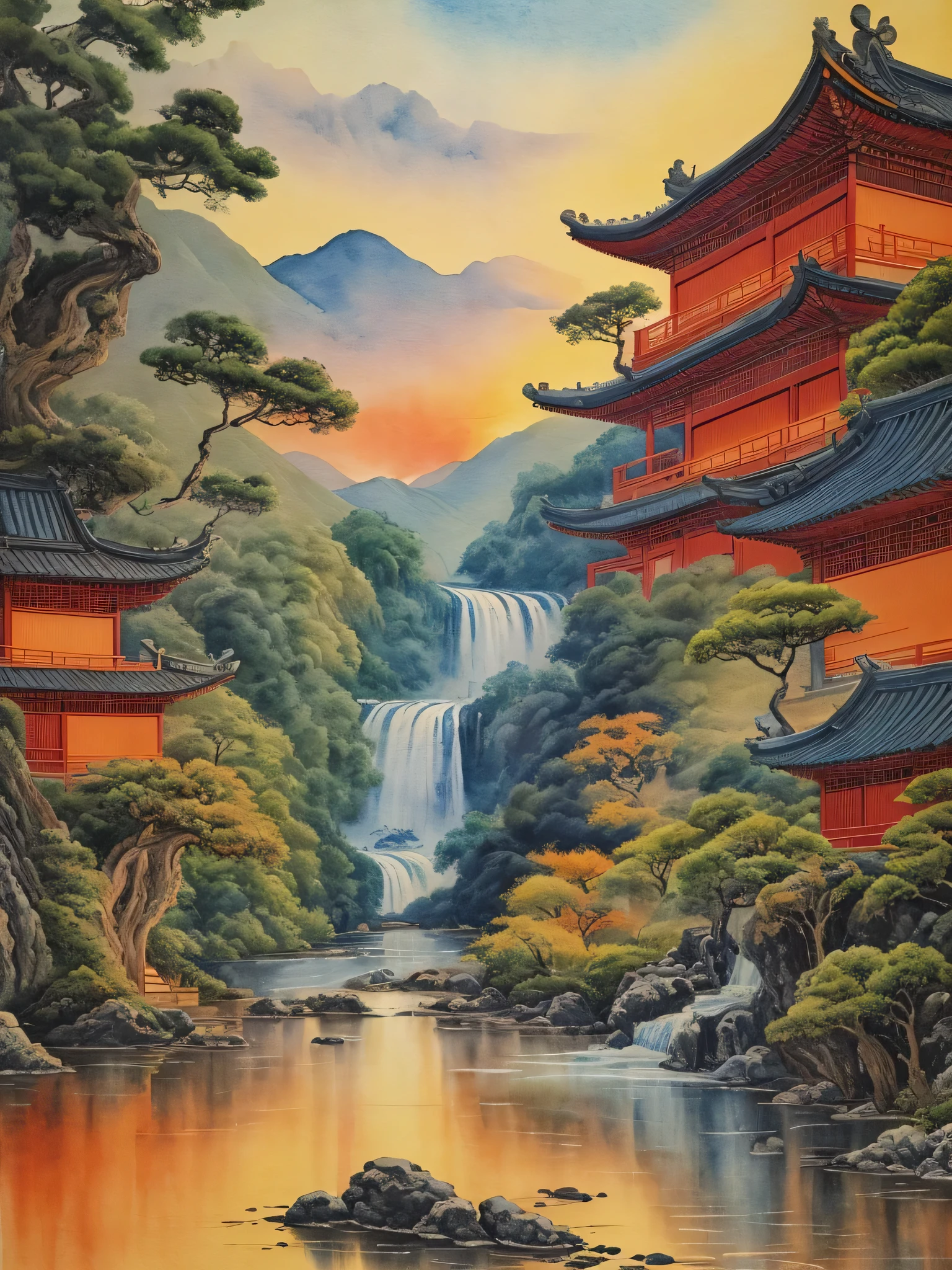 A painting of a waterfall, a boat in a river, and a sunset, Chinese style景, Chinese watercolor style, Oriental Scene, Detailed landscape Chinese watercolor painting, Oriental Wallpaper, Landscape Artwork, Chinese style, Japanese Landscape,Oriental Fantasy,32k
