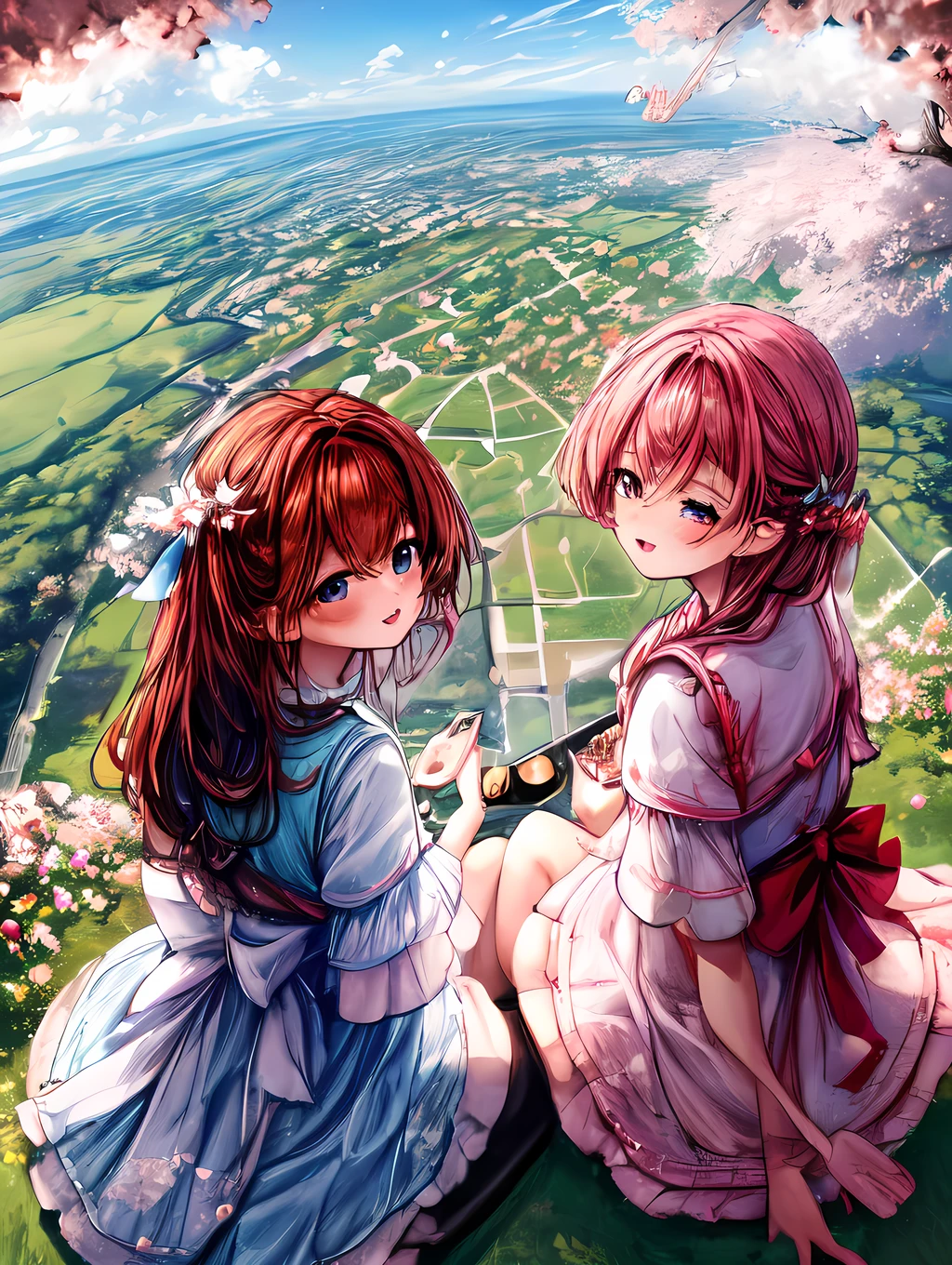 3 girls having a cherry blossom viewing party with a nightingale, seen from the perspective of the birdan aerial perspective, showing a bird's-eye view