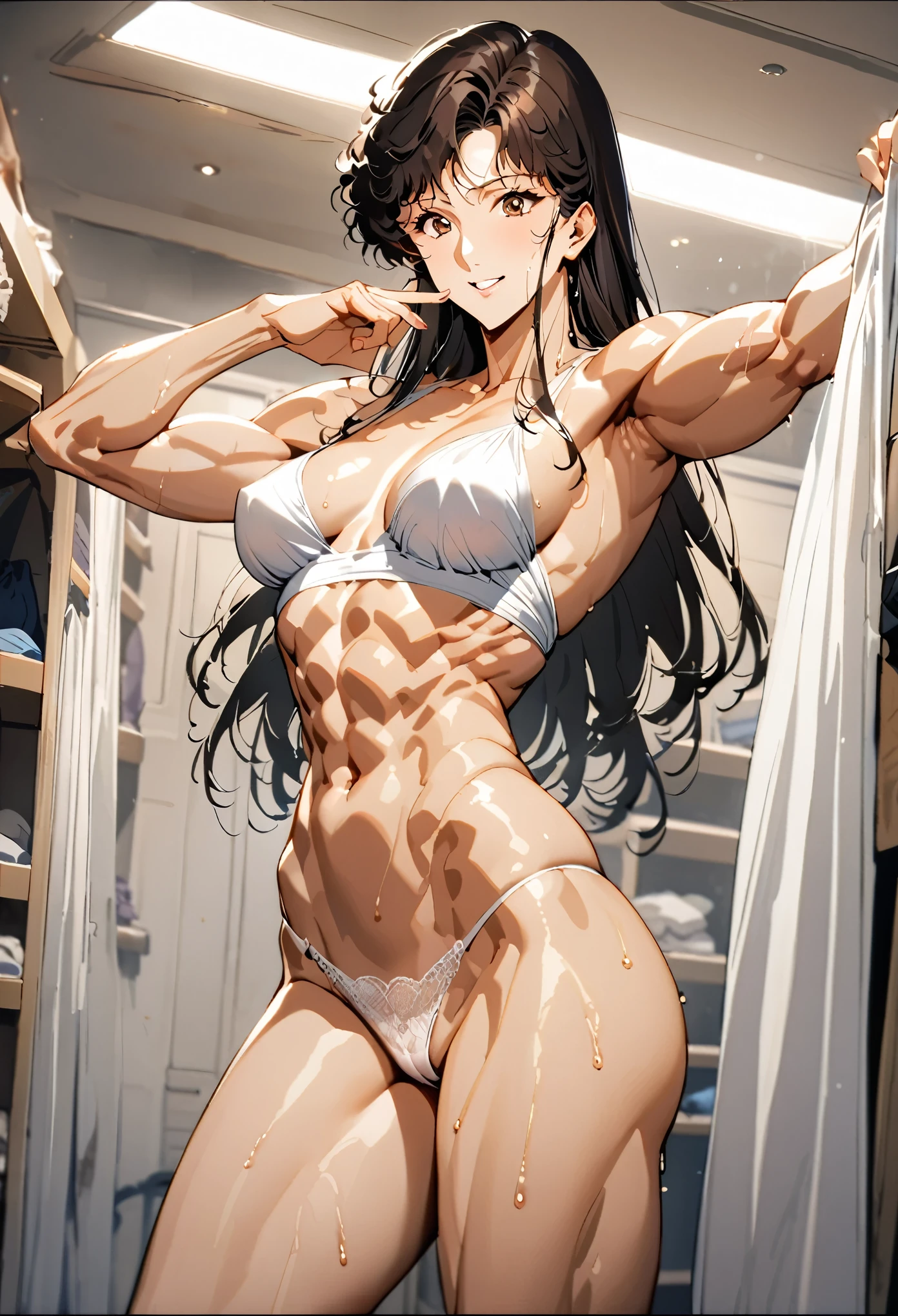 one sexy girl 26 years old, hitomi kisugi, white lace thong, standing tall and dominant, self confident , beautiful smile, superb, sensual, ((fit and trained body with well defined muscles)),(( dark haired, strong)), long legged , muscular abdomen, changing room, showing off her beauty and power, teasing, invincible , chiseled abdomen, wet. A man kneels before her, worshiping her.