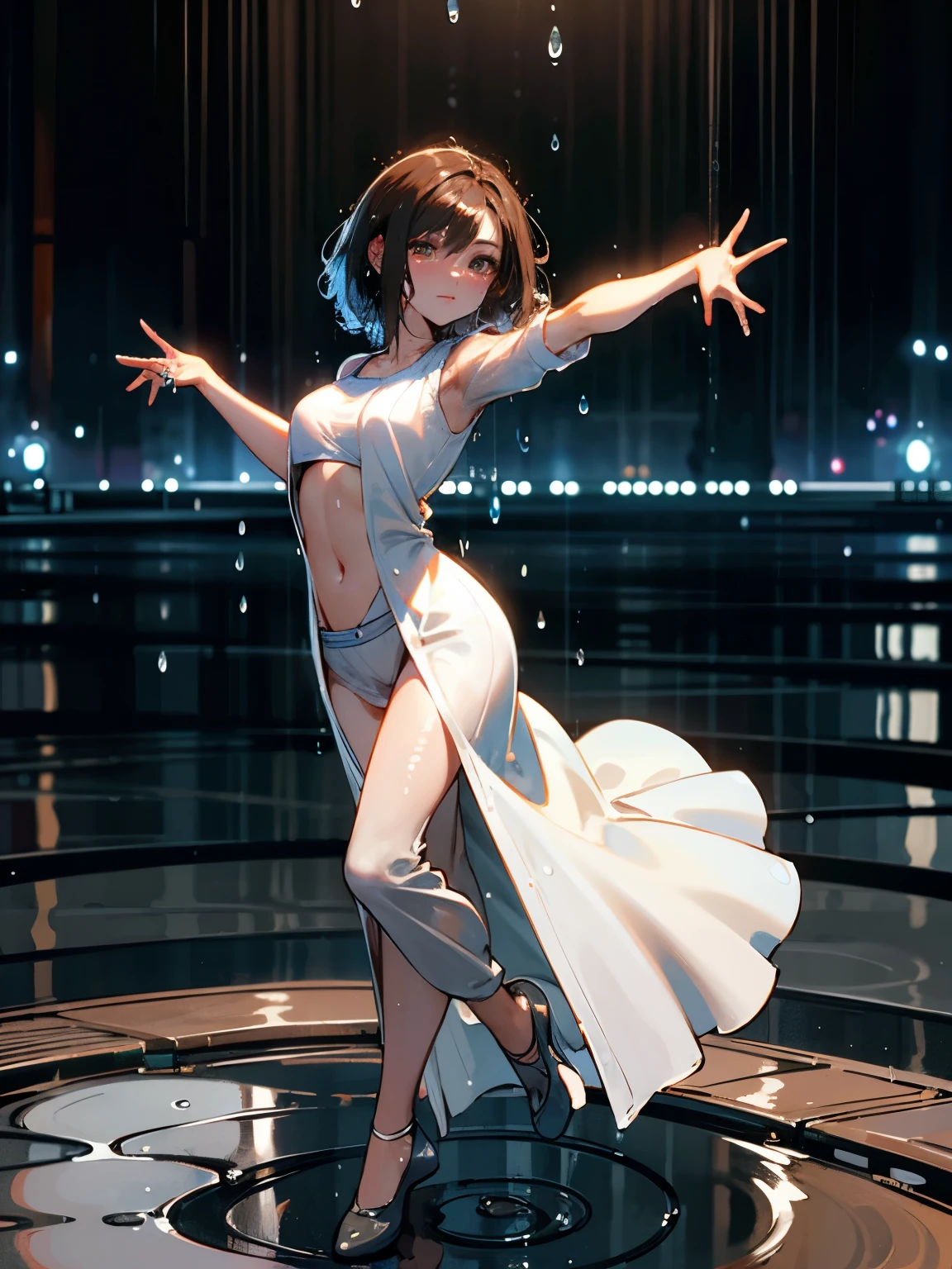 girl, full body, rain, night, (dancing:1.3), fantasy, (water drop:1.3), ink drop, high detailed eye, high qulaity pupil, double eyelid, brown hair, short hair, high detailed real skin, high quality skin, sweaty skin, wet skin, open clothes, professional lighting, real shadow, masterpiece,