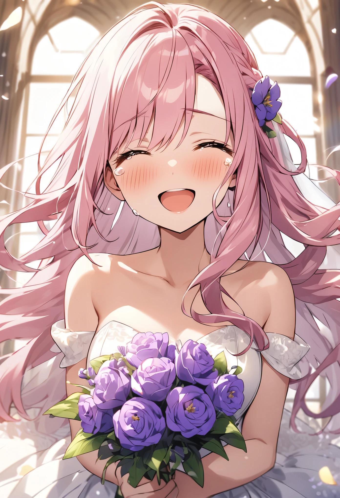 Pink Hair、Wedding dress、wedding style、smile、Tears、happy、move、Long Hair、Purple Flower、Holding a beautiful flower、