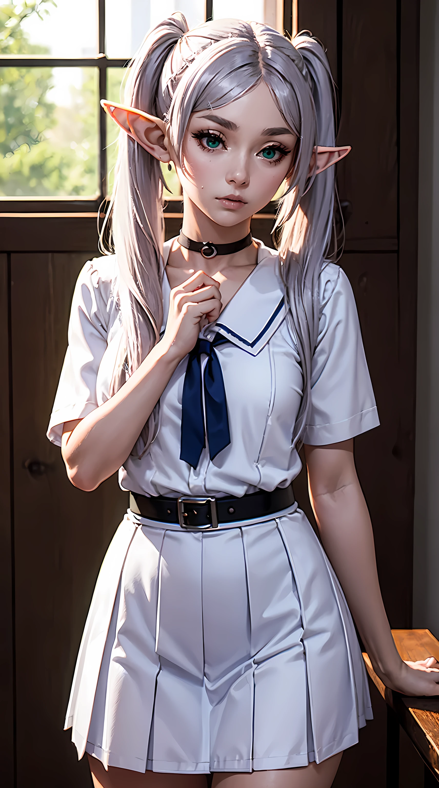 Beautiful white hair woman is shown to have a tiny figure, she is wearing a Japanese school girl uniform, choker, serious look, twin tails, elf ears, green eyes, girl in a classrom,sexy session, sexy pose, cowboy shot, superior quality, many details, realistic