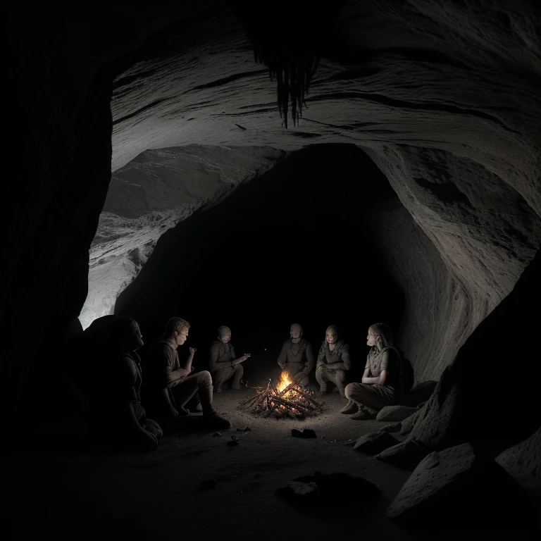 La imagen muestra un grupo de personas, representados como simples siluetas, dentro de una cueva oscura y misteriosa. Al fondo, se puede vislumbrar la entrada de la cueva, donde se ven destellos de luz natural. En el interior de la cueva, se pueden dibujar algunos detalles como rocas y estalactitas para darle textura y profundidad a la escena. The group is surrounded by shadows, creating a feeling of mystery and danger. Some of the characters may be sitting around a small makeshift campfire, while others are standing, looking towards the cave entrance with worried and tense expressions on their faces. The overall atmosphere of the image is gloomy and oppressive, but there is also a sense of camaraderie and solidarity between the characters as they fight to survive in this inhospitable environment..