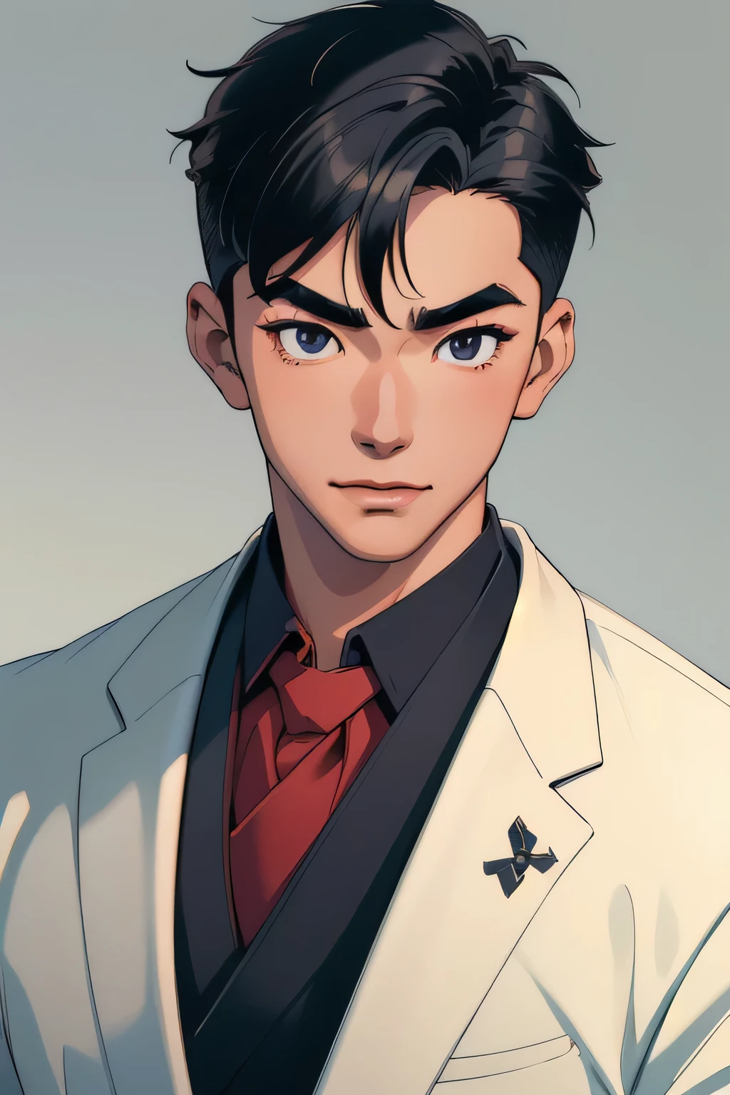 ((masterpiece)),(illustration),best quality,delicate details,refined rendering,((Menga style)),(((Toon style))),(portrait:1.41),8k,toon style,((Japan anime)),1boy,male focus,solo,handsome,portrait,thick eyebrows,black eyes,solid eyes,model,tall,thin,slim asian boy,(Fashion Menswear:1.35),(Fashion Men's Model Walking Show:1.35),Kind Smile,High Fade Haircut,global illuminations,shadow