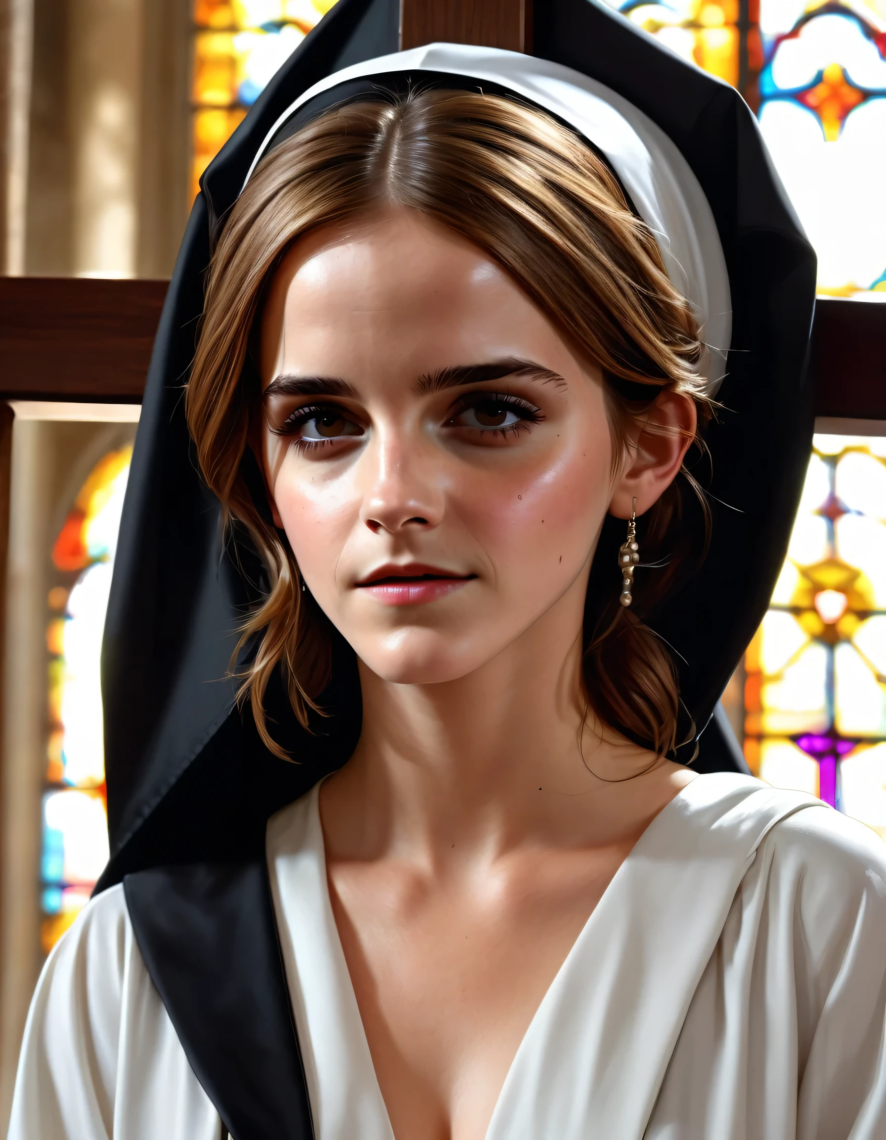 Emma Watson kiss big crucifix , white goo dripping down her face and body, in slutty black nun robe on high heels, she touch big black crucifix in church, she is drunk, happy and laughing. (((masterpiece))), (((full length))), (((high detail of faces))), (crowd), (((Best quality))), ((ultra detailed)), (highly detailed computer illustration), ((very gentle and beautiful)), cinematic light, (character focus)