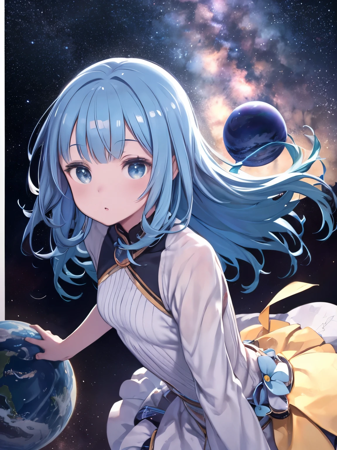 highest quality, detailed, 4K, RAW Photos, Tabletop, detailed face,, performer, planet, Milky Way, space,, a photo of エニセマール flying in space, Blue Hair, bangs, Long Hair, View your viewers,