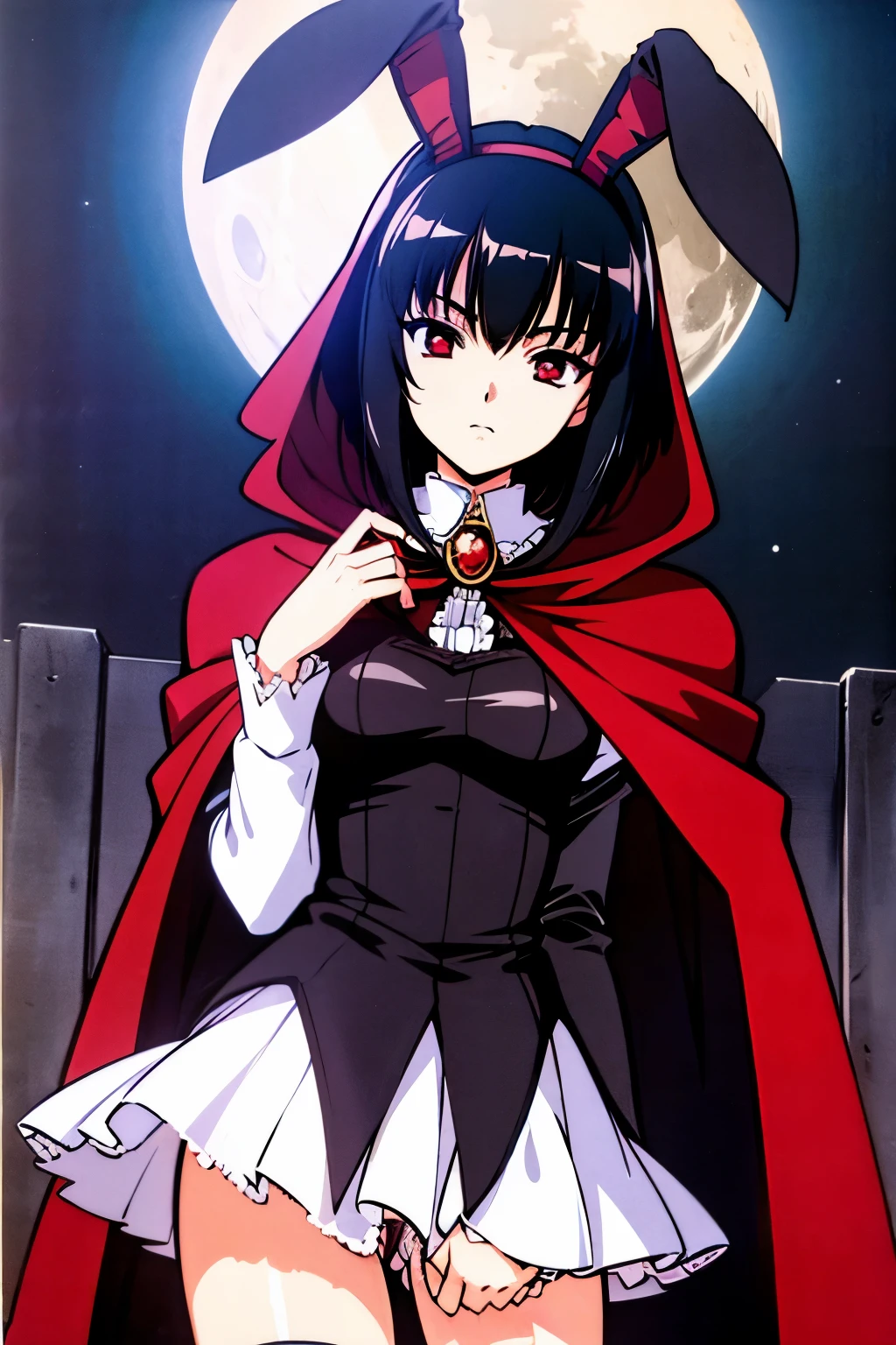 anime girl, tall, short black hair, Bangs are heavy, bunny ears, vampire, red eyes, ((best quality)), ((highly detailed)), masterpiece, absurdres, (detailed eyes, deep eyes), (1girl), cape, Outside at night when the moon shines, dress, frills, The sleeves are wide at the hem, long sleeve shirt, black tie, Stockings, boots