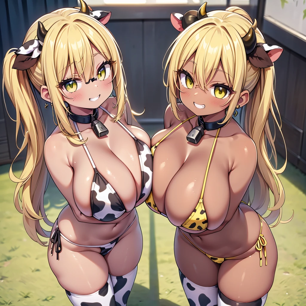 (cute eyes:1.2), (sparkling eyes:1.2), (8K、Best image quality、highest quality、masterpiece)、Detailed face、(2 girls)、Improve、((Brown Skin:1.3))、blonde、Low Ponytail、Scrunchie、(Yellow Eyes, Glasses)、Earrings、Wicked Smile、((Grin)), (skinny body:1.3), (huge breasts:1.4), (cow print, micro bikini:1.5), (symmetrical docking:1.3), Classroom Background, (black stockings:1.2), (Thighs:1.2), (Waistline),(from above:1.2)