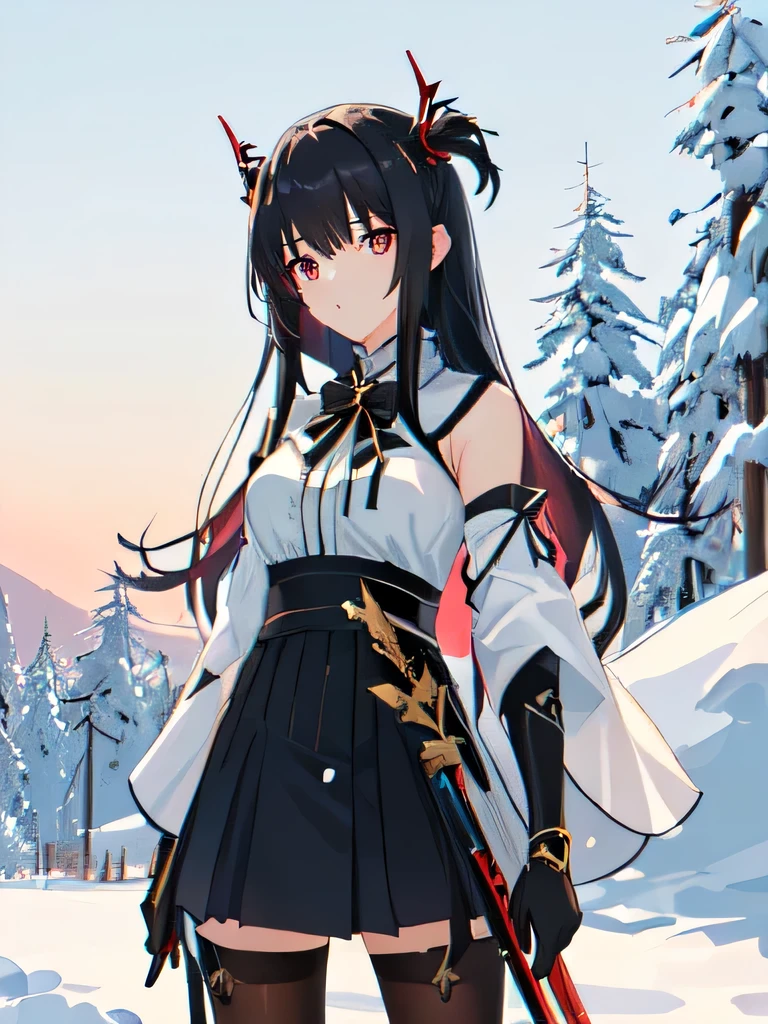 anime girl with long black hair and horns standing in the snow, personagem feminina de anime, female action anime girl, albedo do anime overlord, from linha de frente das meninas, albedo de overlord, Hestia, detalhes finos. linha de frente das meninas, impacto de ayaka genshin, De Arknights, arte detalhada de personagem de anime, estilo anime como destino/fique durante a noite. Magic Swordsman. Espada Poderosa. Olhos Vermelhos Escarlates Carmesin. Sobretudo Preto. Aura Poderosa. Francesa