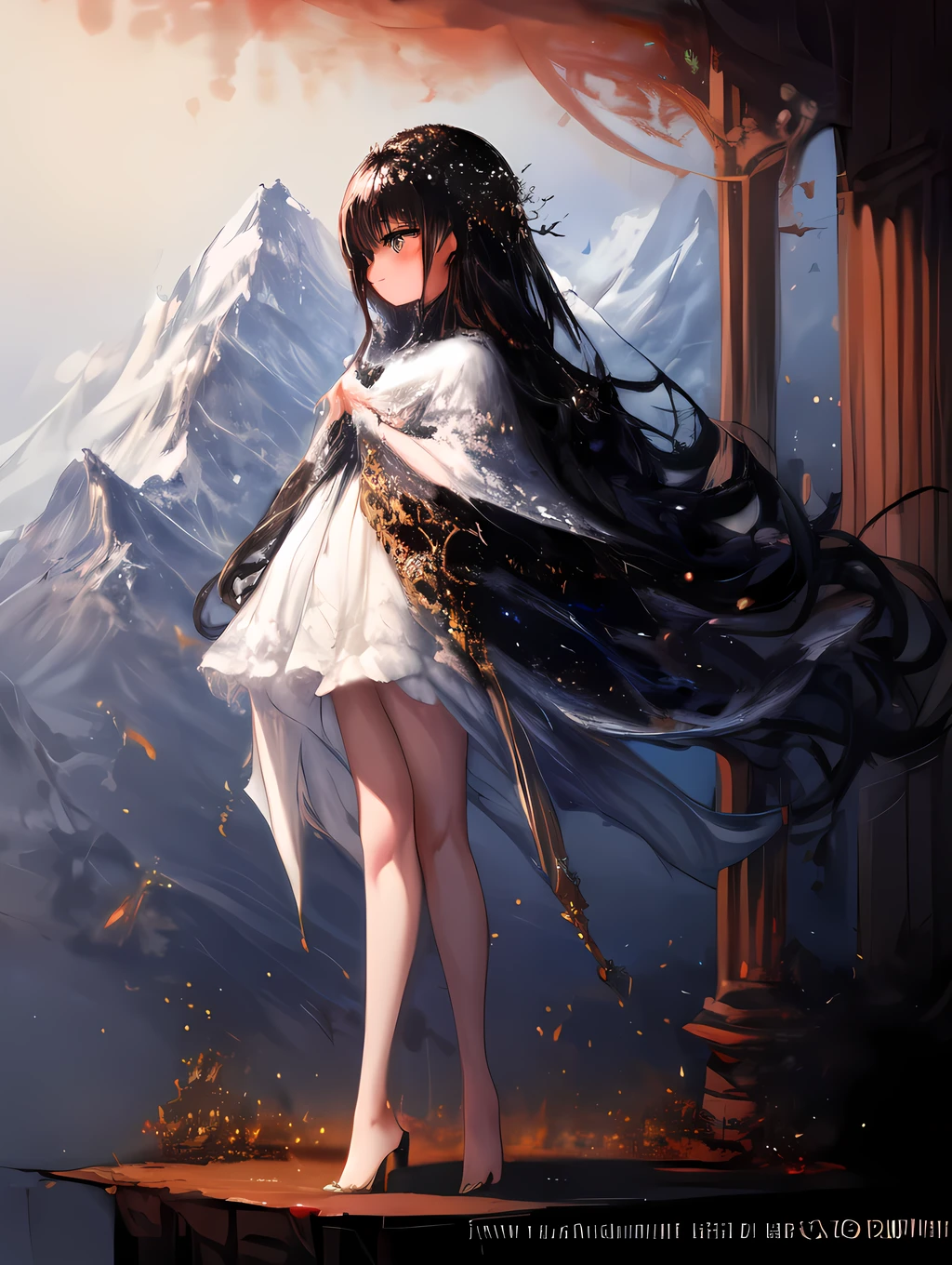 Create a beautiful and mysterious scene of a young girl standing in front of a mountain, gazing into the distance during springtime. The girl should be depicted in full body.