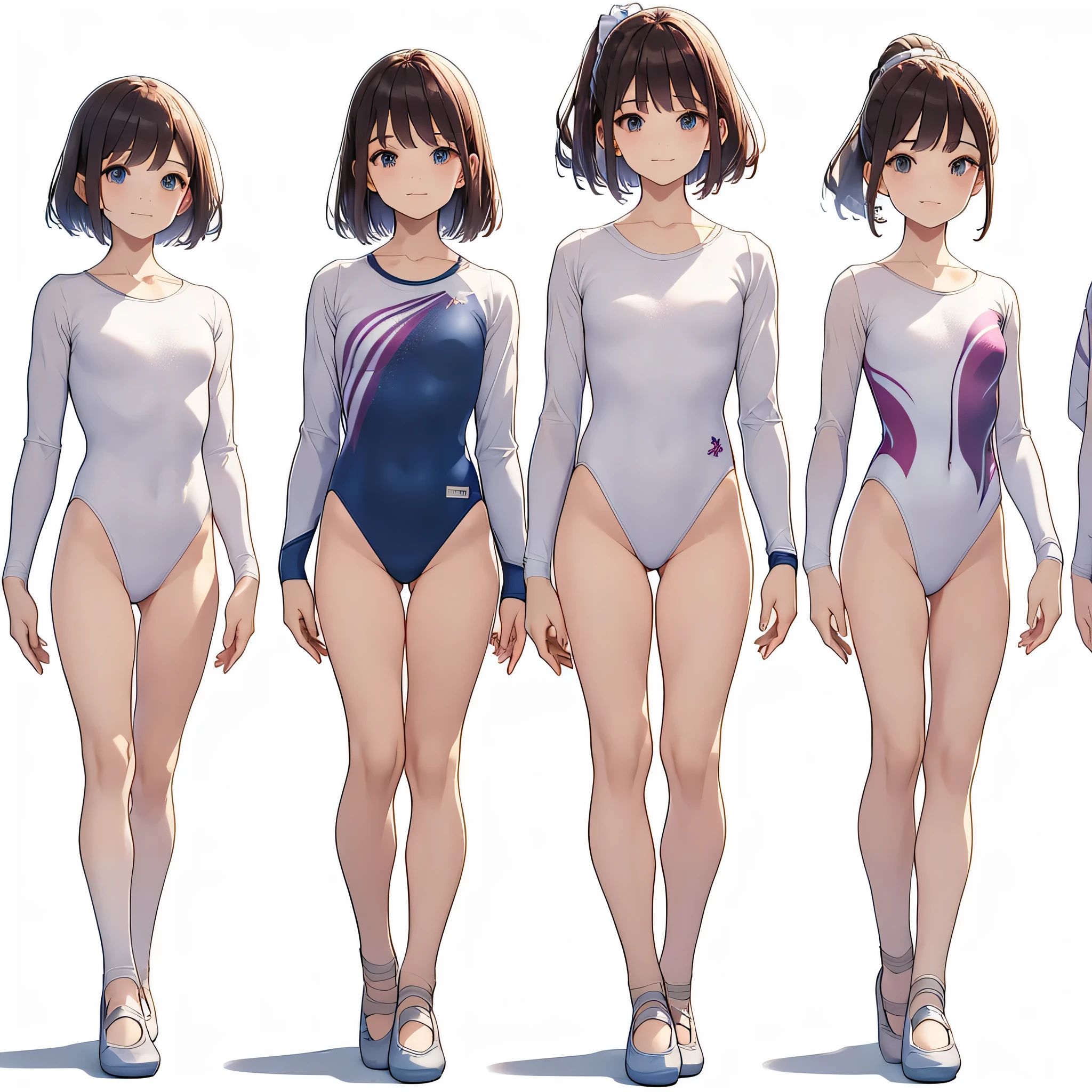 Gymnastics club,(4 girls:1.3),(long sleeves leotard:1.3),full body, bob cuts hair, long hair, (over , under 19 years old:1.2), ballet shoes, white background