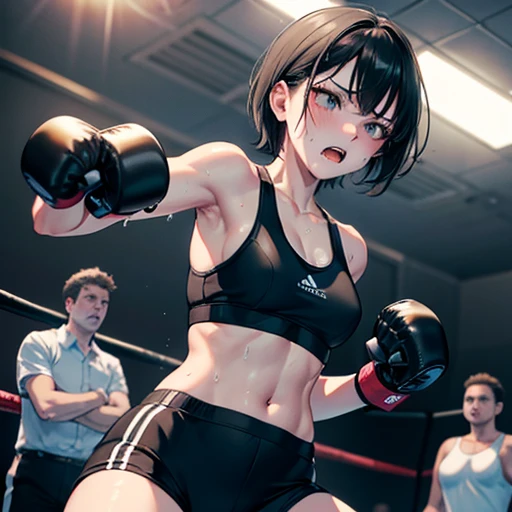 Slender, pretty high school girl in the ring, in a mixed martial arts match, mouth open, out of breath, exhausted, frantically thrusting her fists out at her opponent. Never-giving-up expression, short black hair, covered in sweat, small breasts, sports bra, open finger gloves.