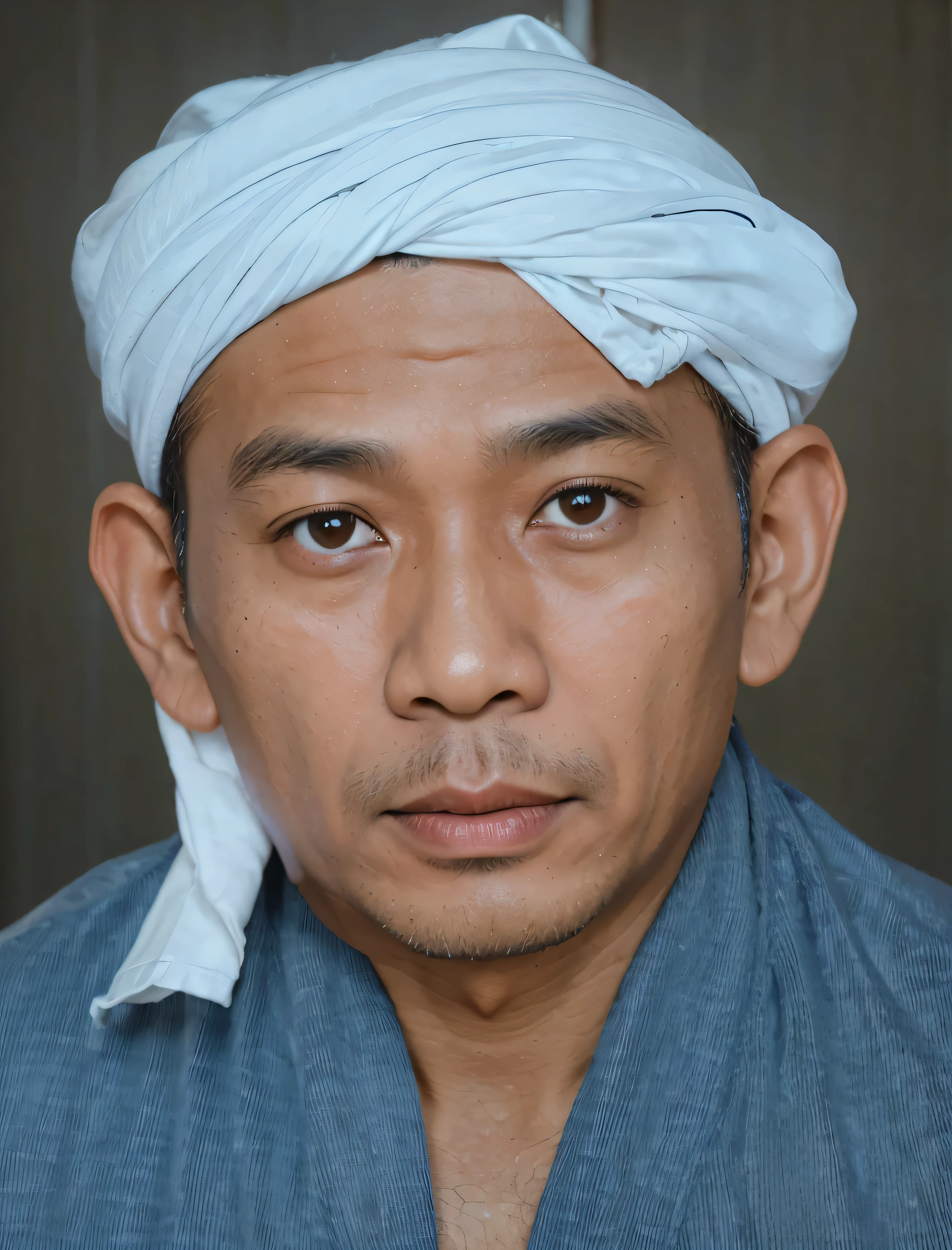 40-year-old Indonesian man wearing a bright white turban and a very nice, clear, detailed,ultra realistic old Muslim robe.8k