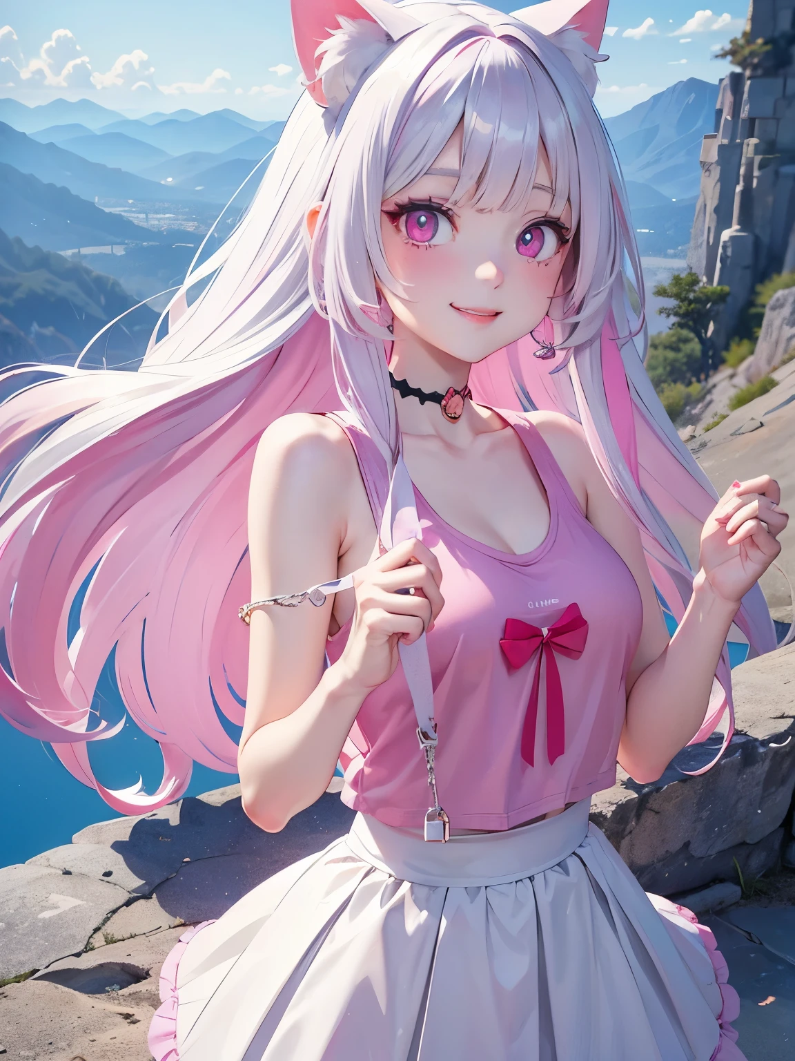 White hair. Long hair. Inner pink hair. Anime girl. Pink eyes. Glowing eyes. Nekomimi. Smile. Tanktop. Mountain.