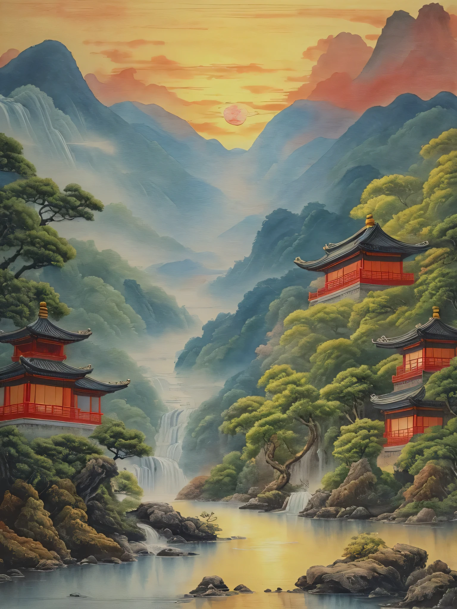 A painting of a waterfall, a boat in a river, and a sunset, Chinese style景, Chinese Watercolor Painting style, Oriental Scene, Detailed landscape Chinese painting,Chinese Watercolor Painting, Oriental Wallpaper, Landscape Artwork, Chinese style, Japanese Landscape,Oriental Fantasy,32k
