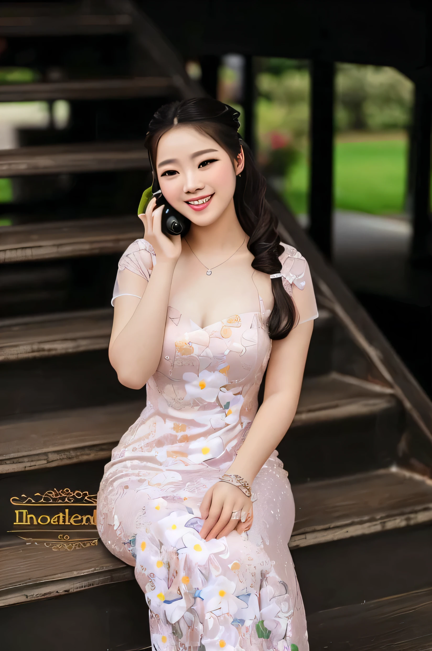 arafed woman sitting on a set of stairs talking on a cell phone, in style of lam manh, a cute young woman, chiho, lovely woman, cute woman, mai anh tran, nivanh chanthara, cute young woman, vietnamese woman, quy ho, cute and lovely, cheongsam, ao dai, woman model