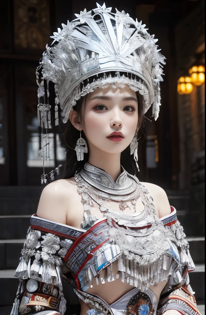 （8k，best quality，masterpiece：1.2），Ultra-high detail，Professional lighting，best quality，Ultra-high resolution，visually stunning，（1 girl：1.1），（Miao costumes and headdresses），Real human skin，（Perfect body 1.9）Super delicate face。whole body