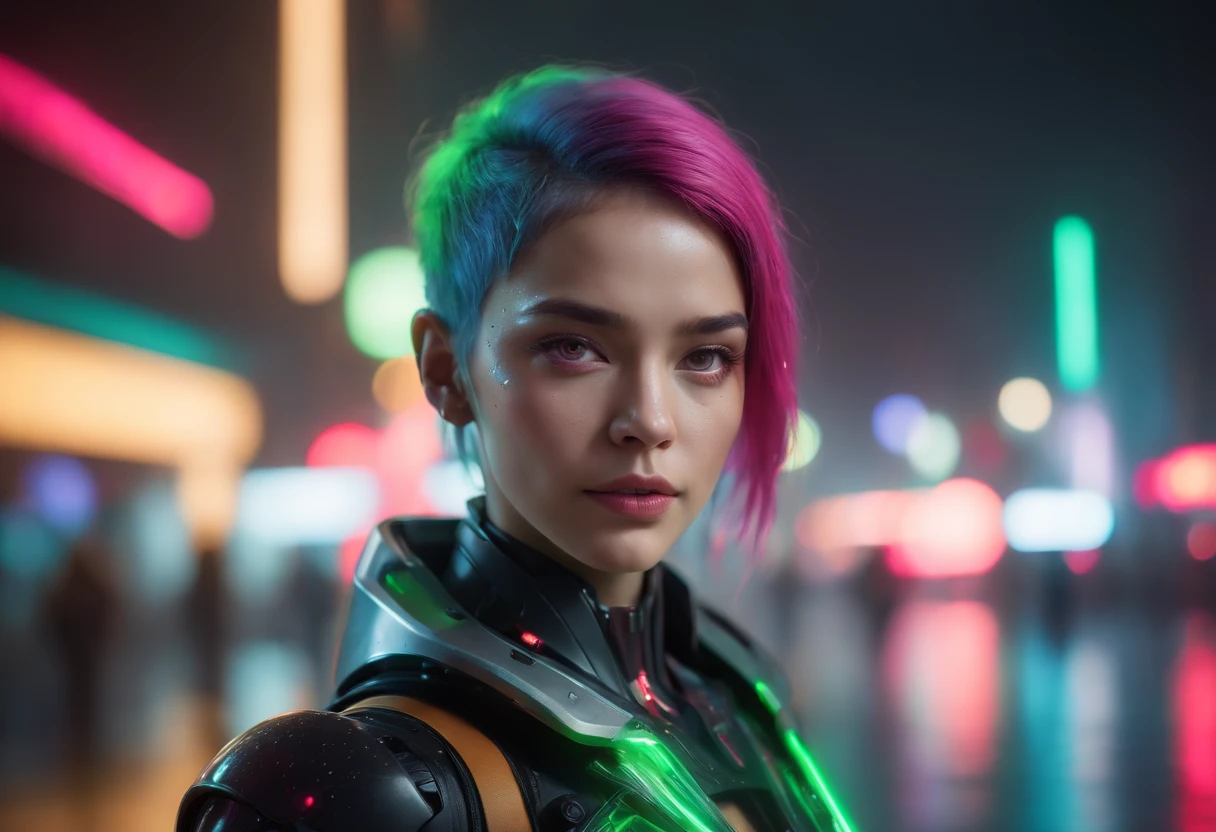 Create a professional, ultra-realistic 8K image of a futuristic female cyborg in a rain-soaked setting illuminated by colorful LED lights. The subject is depicted with intricate mechanical and electronic headgear, her face wet from the rain, featuring brilliantly glowing green LED-like eyes that cast a luminous green hue onto parts of her face. Her short, electric blue hair adds a striking contrast to the green light, enhancing the futuristic vibe. The background is filled with blurred magenta and reddish lights, reflecting off the raindrops that create a dynamic and moody atmosphere. This scene captures a powerful visual narrative of advanced technology merged with human features in a dramatic, rain-drenched urban setting.