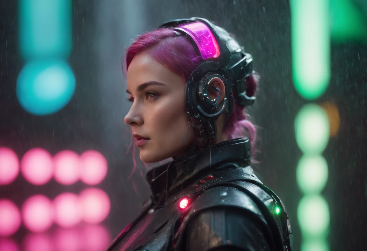 Create a professional, ultra-realistic 8K image of a futuristic female cyborg in a rain-soaked setting illuminated by colorful LED lights. The subject is depicted with intricate mechanical and electronic headgear, her face wet from the rain, featuring brilliantly glowing green LED-like eyes that cast a luminous green hue onto parts of her face. Her short, electric blue hair adds a striking contrast to the green light, enhancing the futuristic vibe. The background is filled with blurred magenta and reddish lights, reflecting off the raindrops that create a dynamic and moody atmosphere. This scene captures a powerful visual narrative of advanced technology merged with human features in a dramatic, rain-drenched urban setting.