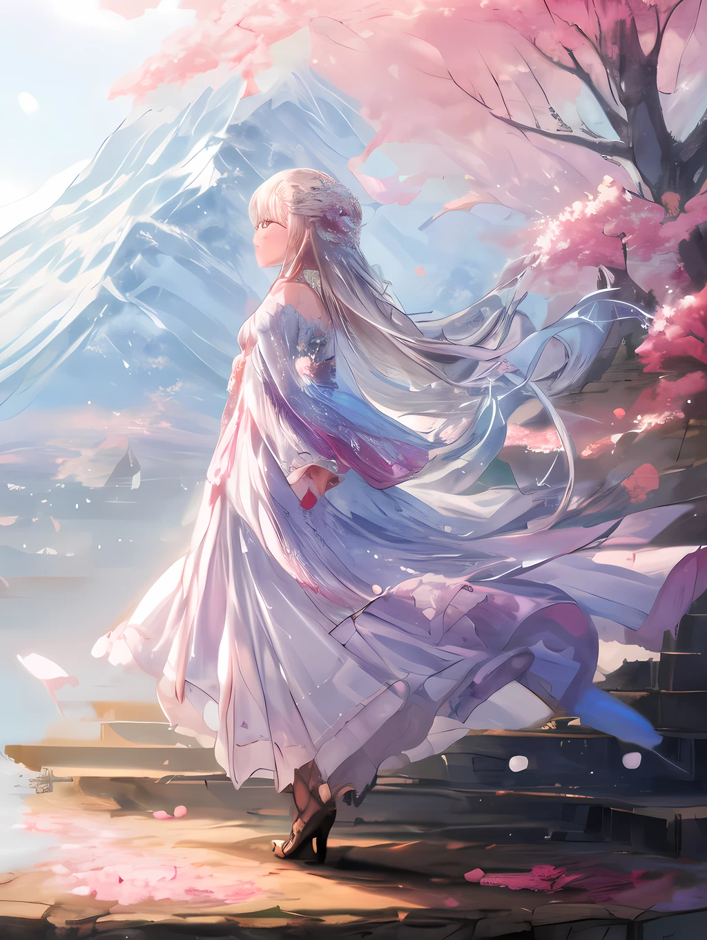 Create a beautiful scene of a young girl standing in front of a mountain, gazing into the distance during springtime. The girl should be depicted in full body.