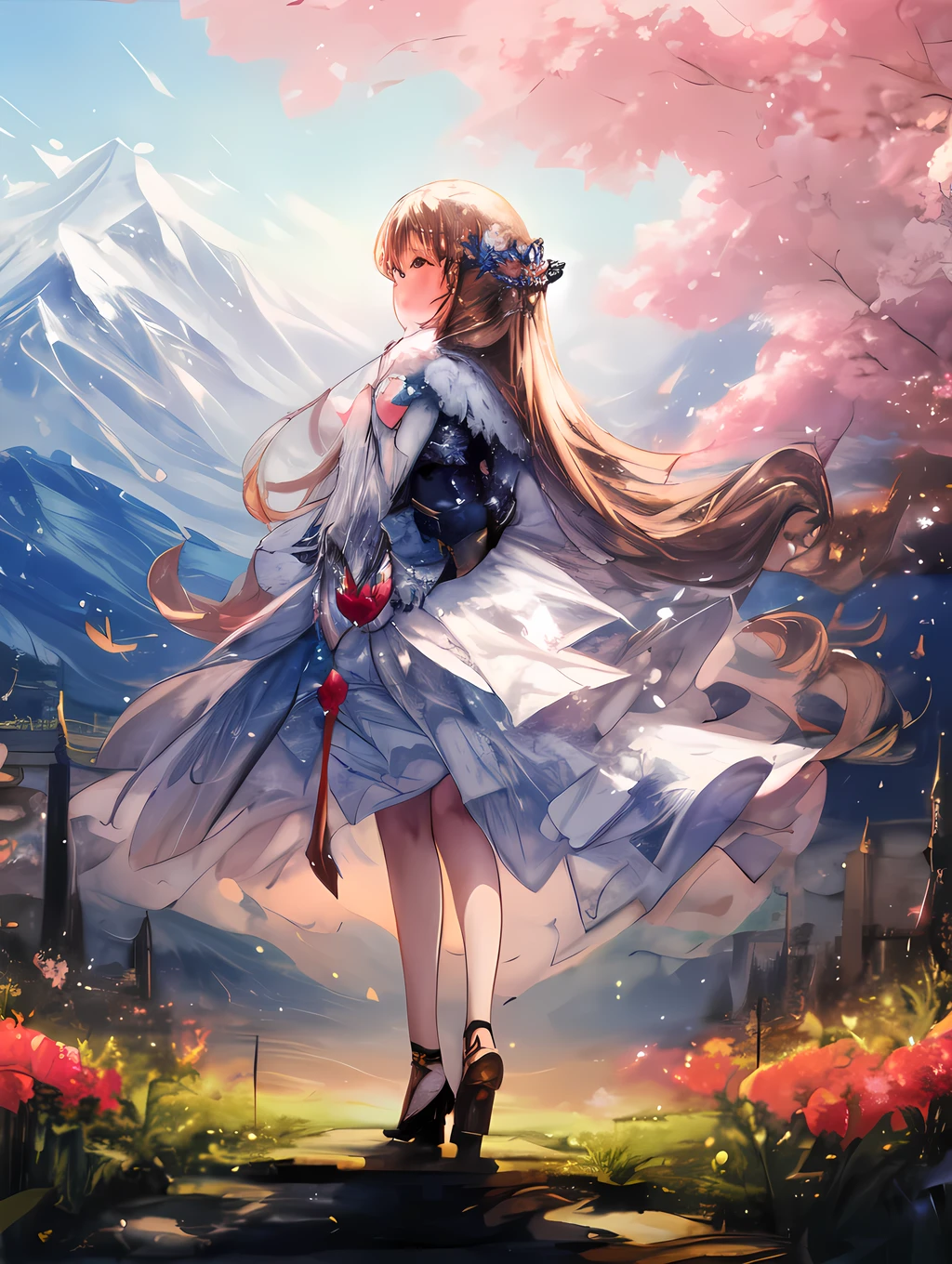 Create a beautiful scene of a young girl standing in front of a mountain, gazing into the distance during springtime. The girl should be depicted in full body.