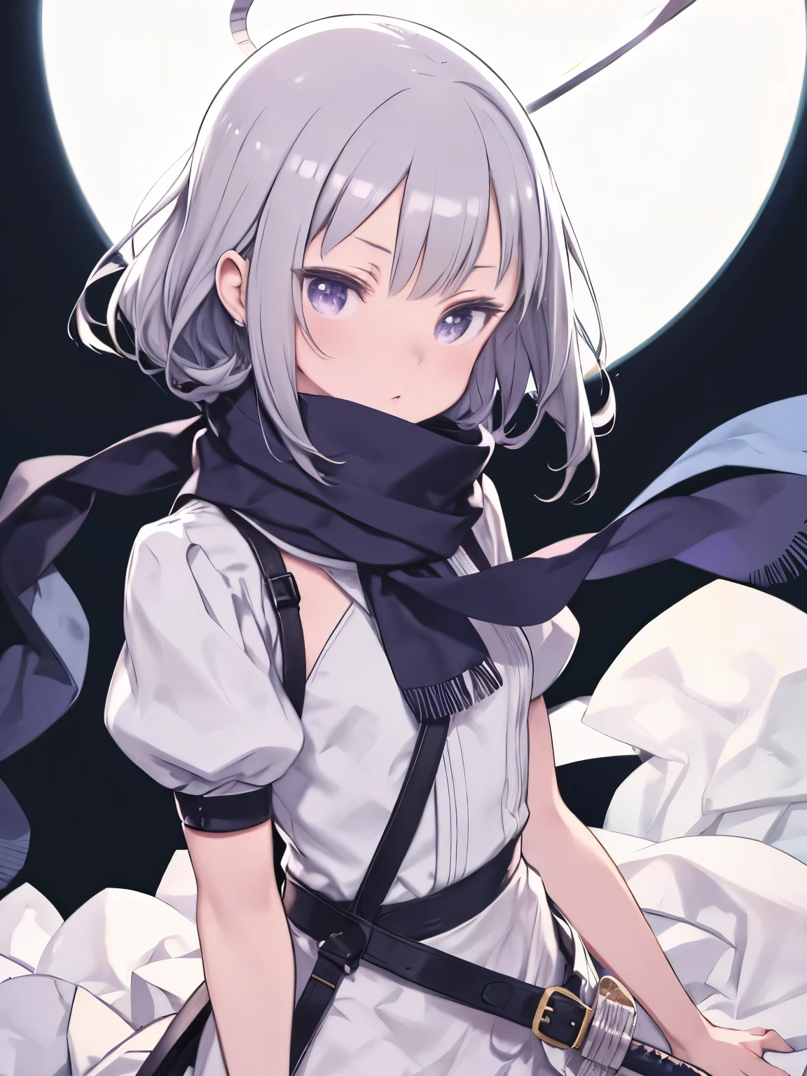Close-up of a person in a white dress holding a sword、Side Lock、Hair Intake、Gray Hair、Wind Court、skirt、scarf、 Mitt、 Leg belt、 Arm strap、 hairpin、Purple eyes、