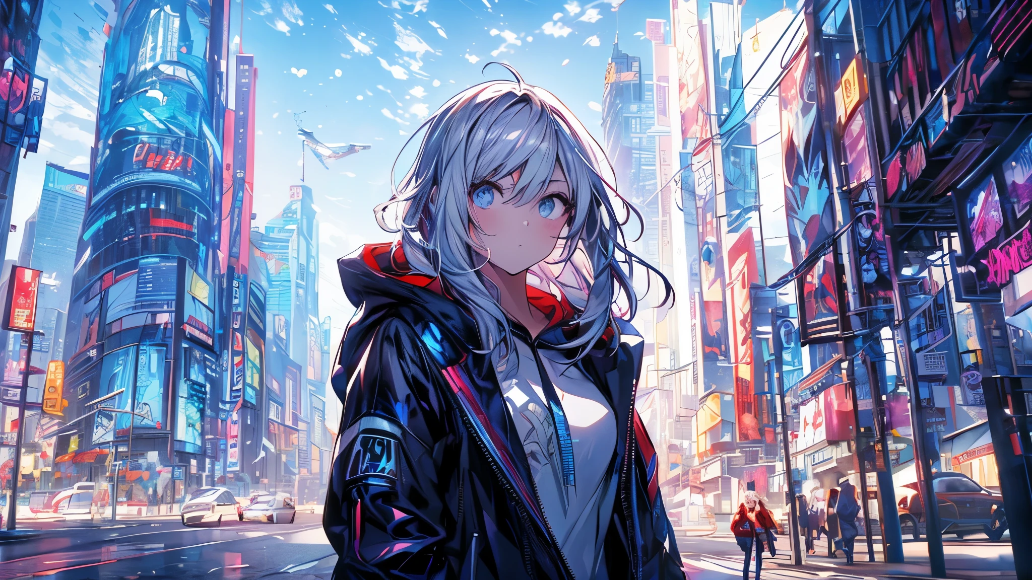 Anime girl in a city with a red hoodie - SeaArt AI
