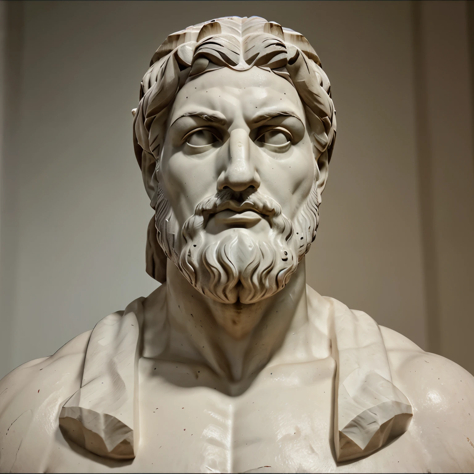 Greek statue of a stoic philosopher, muscles, com barba, 4K, 16x9, em um tempo, pensativo, cor branco