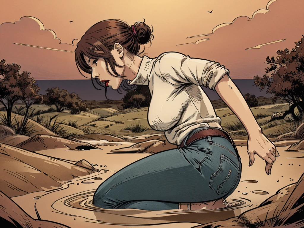 vector image, anime, mature woman, gloomy orgasm, turtleneck and jeans, drowning in the middle of quicksand bog, green,red,sky, red lips, turns around, forbidden photo session