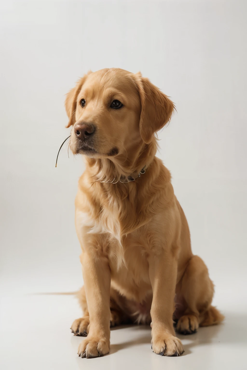 A Golden retriever dog holding a cell phone with its front right paw on a white background.
