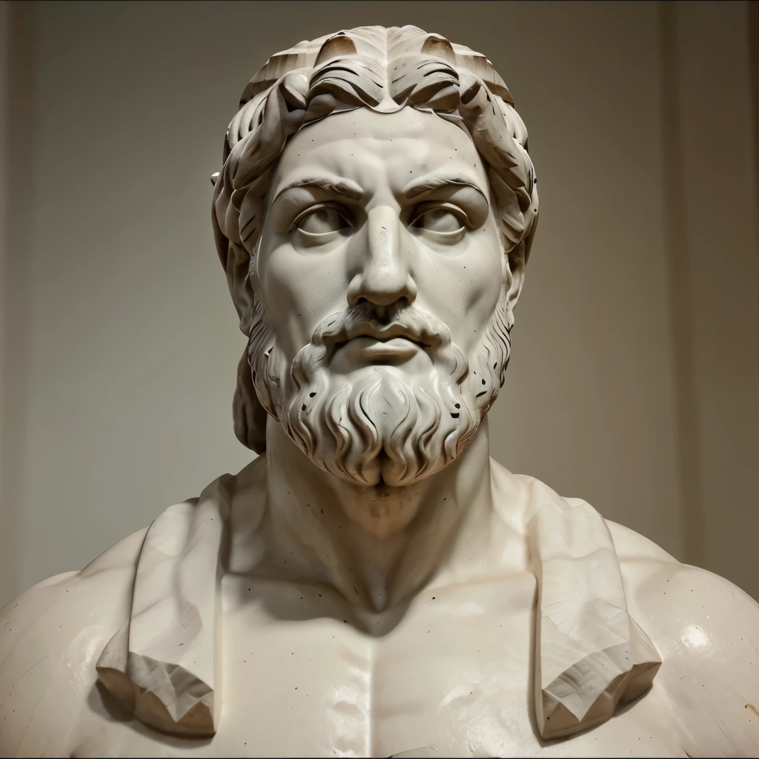 Greek statue of a stoic philosopher, muscles, com barba, 4K, 16x9, em um templo, pensativo, cor branco , cabelos medios