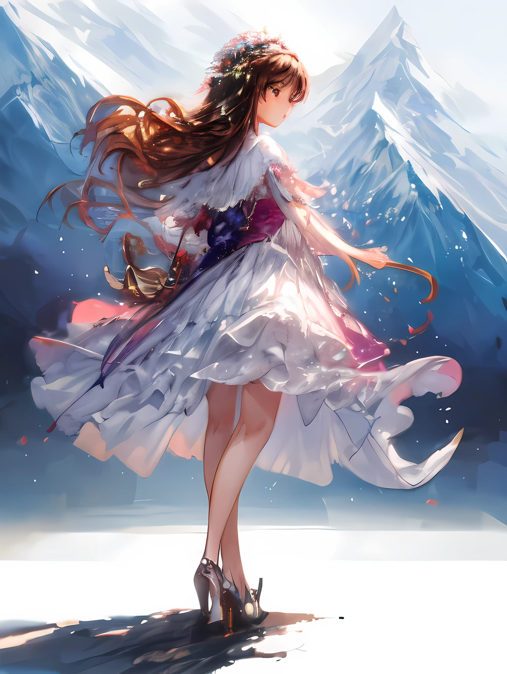 Create a beautiful scene of a young girl standing in front of a mountain, gazing into the distance during springtime. The girl should be depicted in full body.