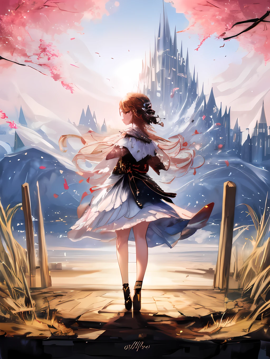Create a beautiful scene of a young girl standing in front of a mountain, gazing into the distance during springtime. The girl should be depicted in full body.