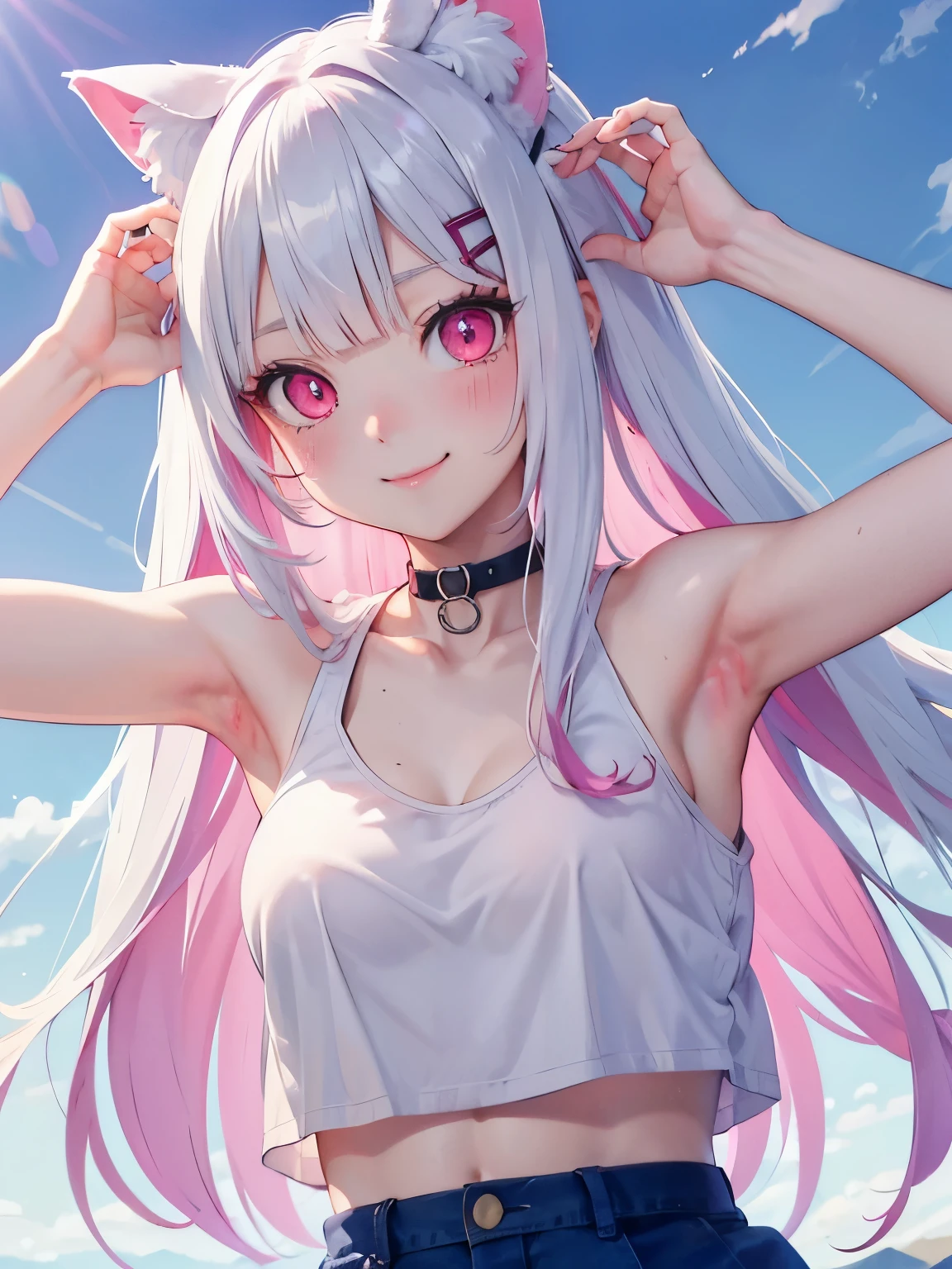 White hair. Long hair. Inner pink hair. Anime girl. Pink eyes. Glowing eyes. Nekomimi. Smile. Tanktop. Mountain. Armpit. Blow up hair.