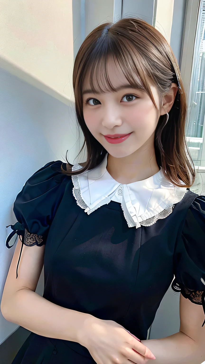 (highest quality、32k、masterpiece、Ticker:1.2)、One woman、((Beautiful Japanese Women))、(Beautiful girl)、Narrow waist、Black dress with lace collar、20-year-old、A white room bathed in the morning sun、（Cute pose:1.2)、(smile:1.5)、（Smile at someone you like:1.5）
