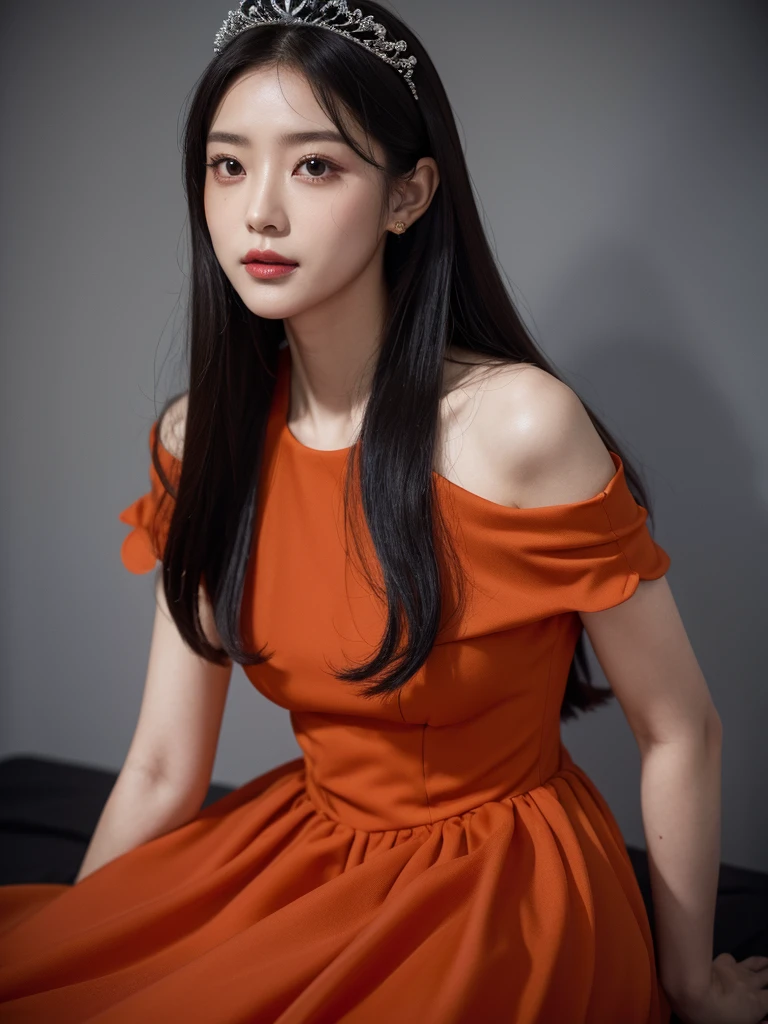 dark orange 옷을 입은 여성이 손에 꽃을 들고 있습니다.., Bardot dress, bust, close up, dark orange 옷을 입고, 오간자 가운과 dark orange 볼룸 가운 착용.,dark orange clothes, dark orange 양복을 입고, Stylish Editorial Photography, official valentino editorial, translucent dress, Subtle and dreamy, Highly saturated dark pink, celestial fairy tale, very subtle, dreamy and heavenly, dark orange , Lots of merlot, official dior editorial, enlargement, smile at me, small tiara, Bardot dress, bust, close up