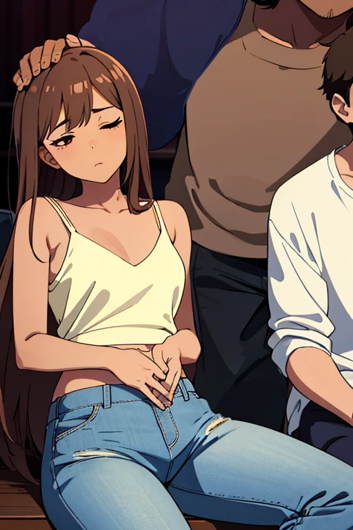 (couple),((best quality)), ((masterpiece)), (detailed), brown skin girl in a deep V-neck cami top, (jeans trousers), (brown girl), (the girl gently resting hands on the head of a boy), (long hair), a boy sleeping on the belly of a girl, (boy wearing a shirt and trousers), (the boy is resting his head on the stomach of a girl), (cute couple), safe for work, completely safe for work, SFW, no nsfw