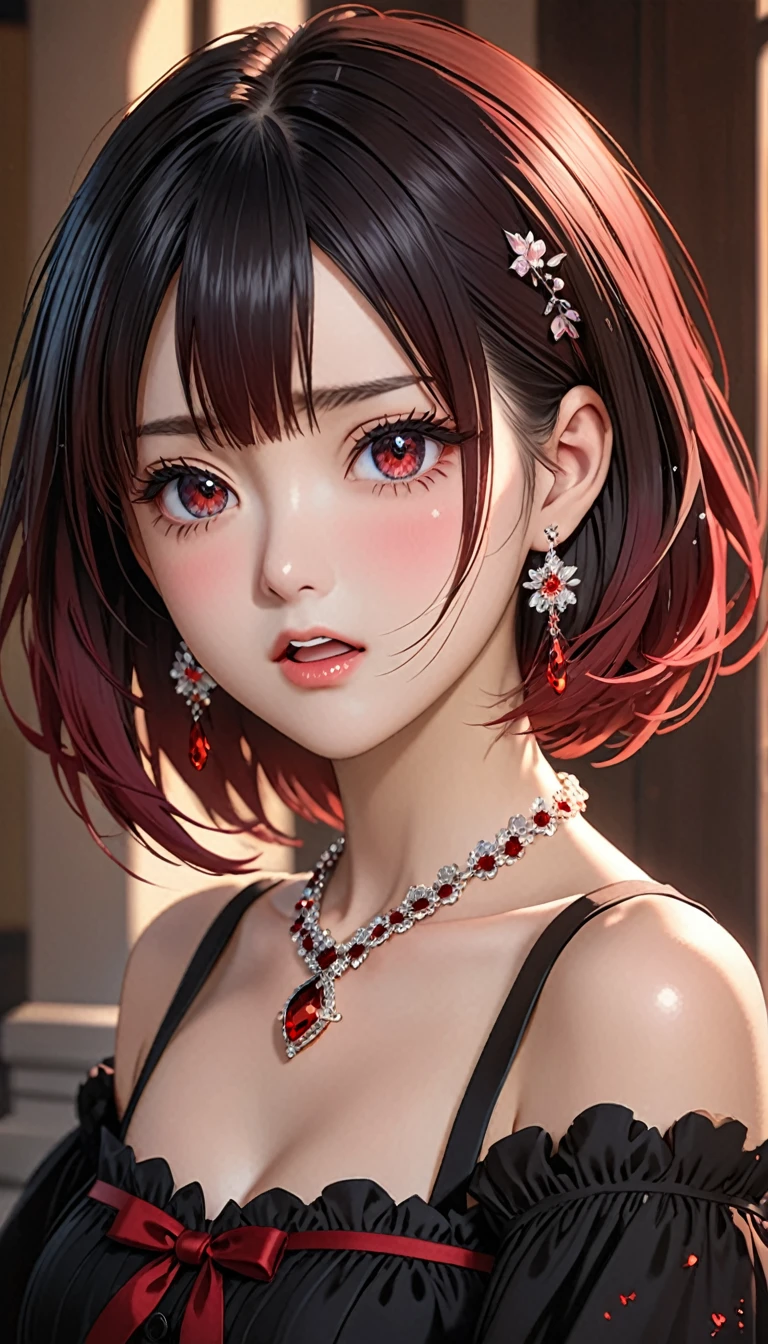 National Science Foundation,masterpiece,High resolution,8K,Art,digit,Three-dimensional,Realism,Kyoto Animation Style,your name movie style,looking into camera,Soft Light,Glowing skin,(1 female: 1.3),(alone: 1.4),(((Ombre hair))),(Gorgeous black ta),Black Lolis inlaid with dark red gems,(crystal hairpin),(small crystal necklace),(crystal small earrings),(crystal bracelet),(Crystal ring),Long eyelashes,Slender legs,Short Bob,Close-up of upper body,Close-up,close view,In the castle,(dark red eyes),(open mouth),(blush),(lovely and delicate),(angry)(((feel angry)))