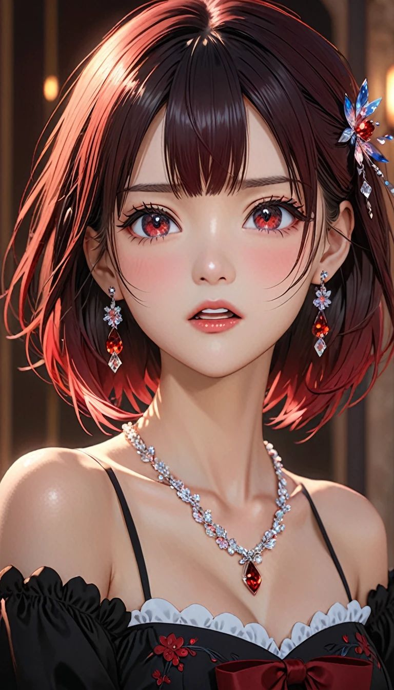 National Science Foundation,masterpiece,High resolution,8K,Art,digit,Three-dimensional,Realism,Kyoto Animation Style,your name movie style,looking into camera,Soft Light,Glowing skin,(1 female: 1.3),(alone: 1.4),(((Ombre hair))),(Gorgeous black ta),Black Lolis inlaid with dark red gems,(crystal hairpin),(small crystal necklace),(crystal small earrings),(crystal bracelet),(Crystal ring),Long eyelashes,Slender legs,Short Bob,Close-up of upper body,Close-up,close view,In the castle,(dark red eyes),(open mouth),(blush),(lovely and delicate),(angry)(((feel angry)))