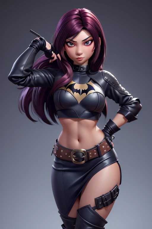 Sexy Batgirl cabello rubio largo y ojos azules, Banda de piel negra, croptop blanco, manga corta, capa roja, blue pencil skirt, botas rojas, Guantes blancos