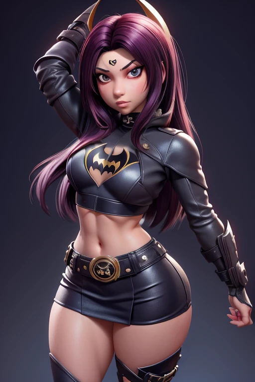 Sexy Batgirl cabello rubio largo y ojos azules, Banda de piel negra, croptop blanco, manga corta, capa roja, blue pencil skirt, botas rojas, Guantes blancos